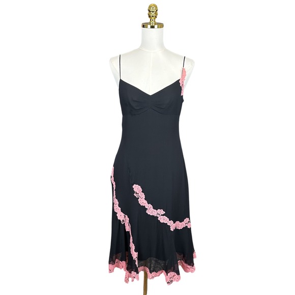 RARE BCBGMAXAZRIA Black Midi Dress Pink Floral Lace Trim Sweetheart Slip Dress 6 - Picture 3 of 13